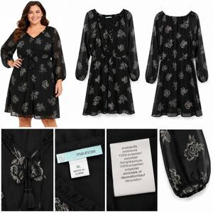 Maurices Black Floral Chiffon Dress XL Long Sleeve Boho